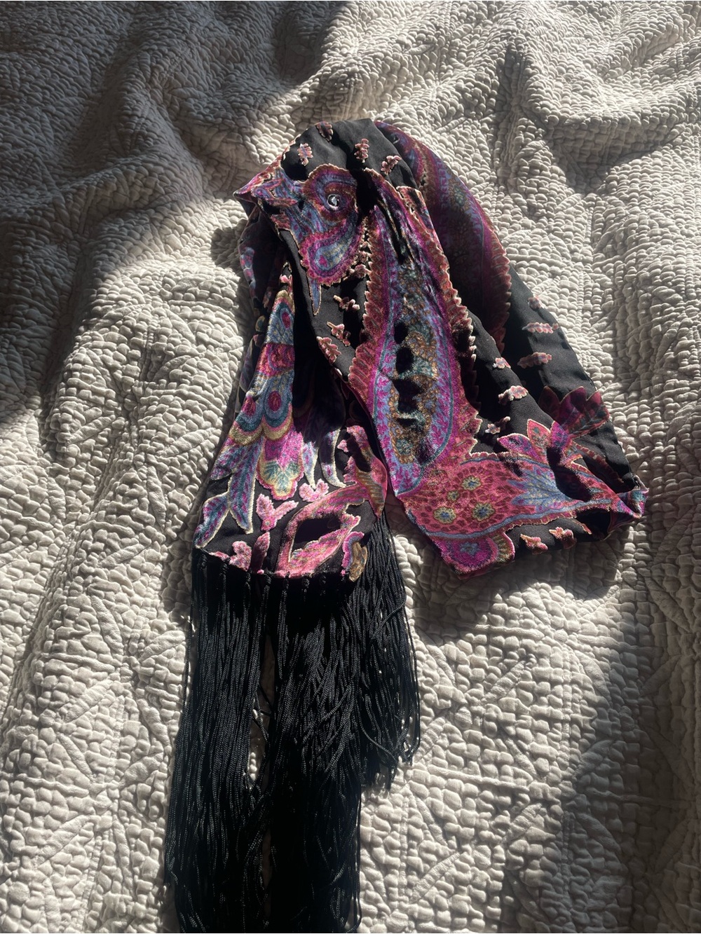 Paisley Fringe Scarf with Purple velvet Accents 56x5